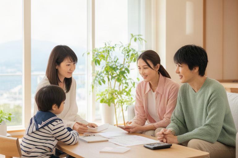 香川県の明るいリビングで教育資金について相談する子育て世帯