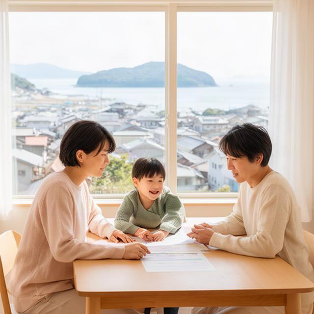 瀬戸内の町並みを望む明るい住宅で家計表を確認する家族