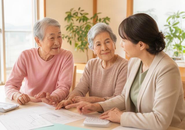 瀬戸内の明るい住まいで家計資料を見ながら話す高齢の夫婦と相談員